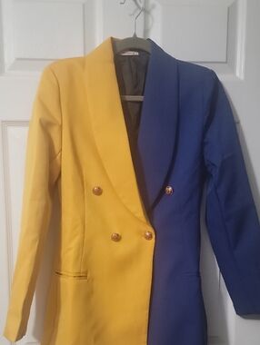Sunday Two-Tone Yellow and Blue Double-Breasted Blazer